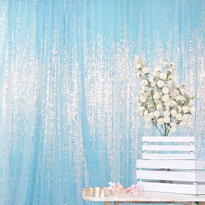 ShinyBeauty Aqua Photo Backdrop - 7FTx7FT Sequin Sparkle Iridescent Mermaid Fabric Photograph Aqua Blue Birthday Wedding Background