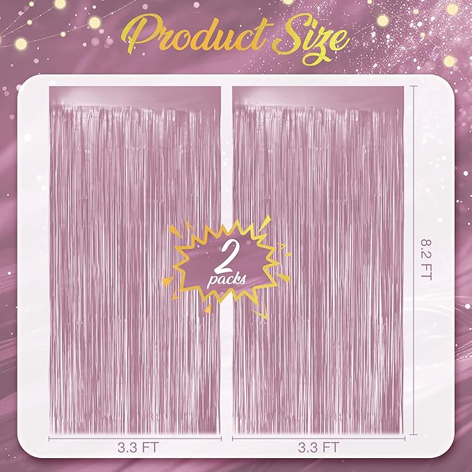 2 Pack Metallic Light Pink Fringe Backdrop, 3.2x8.2ft Shining Foil Tinsel Curtains, Birthday Party Decorations Door Streamers for Halloween, Christmas, Wedding, Graduation, Holiday, Theme Events