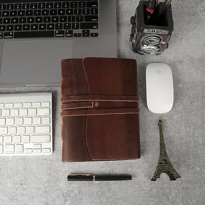 Dark Tan Leather Journal 8x6 | Handmade Vintage Notebook with Unlined Cotton Paper | Rustic Writing Diary & Sketchbook | Antique Travel Journal for Men & Women