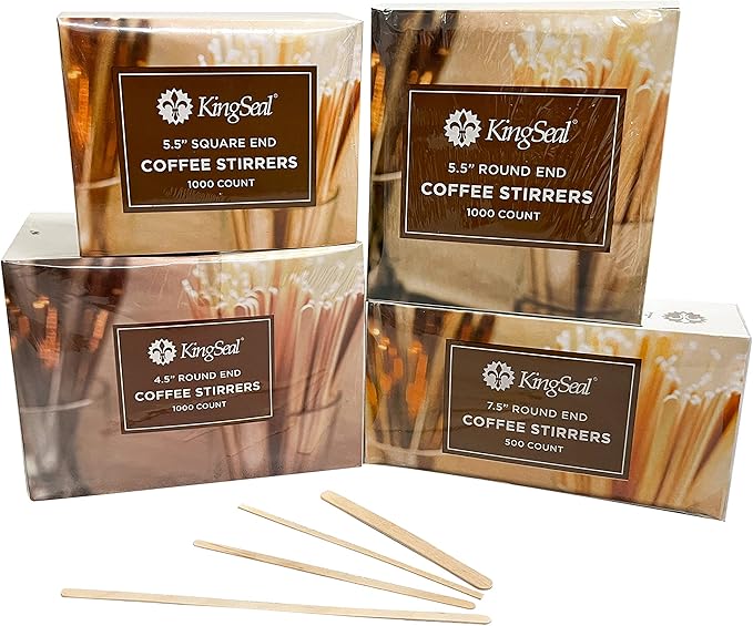 10,000 Count | KingSeal Natural Birch Wood Coffee Beverage Stirrers, Stir Sticks, Waxing Sticks, Popsicle Sticks, 4.5 Inches, Round End - 10 Boxes x 1000 Stirrers