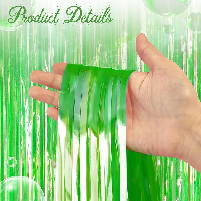 2 Pack Green Iridescent Streamers Backdrop, 3.3x6.6ft Foil Fringe Curtains Holographic Door Tinsel Streamers for Birthday, Wedding, Holiday, Bachelorette, Christmas Theme Party Decorations