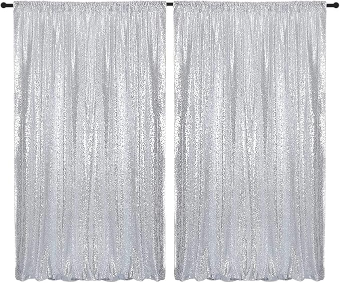 Silver Sequin Backdrop Curtains 2 Panels 4FTx8FT Wedding Photo Backdrop Drapes Glitter Birthday Bridal Party Curtains Sparkle Background Party Decor Curtains
