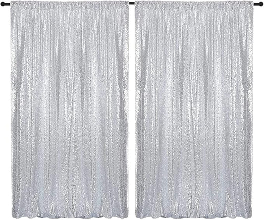 Silver Sequin Backdrop Curtains 2 Panels 4FTx8FT Wedding Photo Backdrop Drapes Glitter Birthday Bridal Party Curtains Sparkle Background Party Decor Curtains