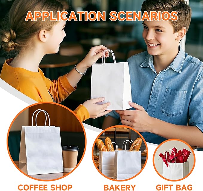 METAPRINT 100 Pack Paper Gift Bags with Handles in Bulk, 5.8x3.2x8.25 Inch Small White Kraft Paper Bag for Birthday Party Favors Grocery Retail Shopping Business Goody