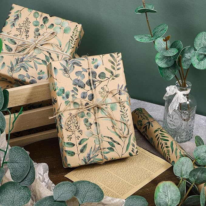 RUSPEPA Wedding Wrapping Paper, 17 in x 16.4 ft, Mini Roll, Eucalyptus Leaf Gift Wrap Paper, Green Flower Kraft Wrapping Paper for Women, Spring, Summer and Birthday