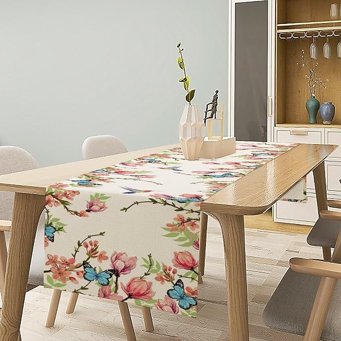 Floral Butterfly Table Runner Seasonal Spring Flower Bird Table Decoration Table Runner for Home Party Decoration 13x70 Inch