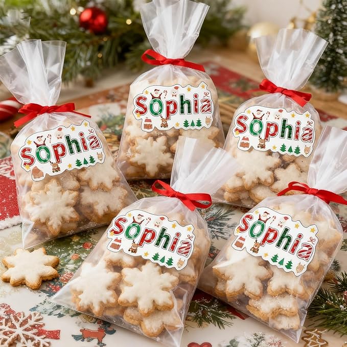 Personalized Christmas Name Tag Stickers, Custom 28 Pcs Christmas Theme Tags Stickers for Gifts Box Wrapping, Xmas Gifts Decorations for Family Friends