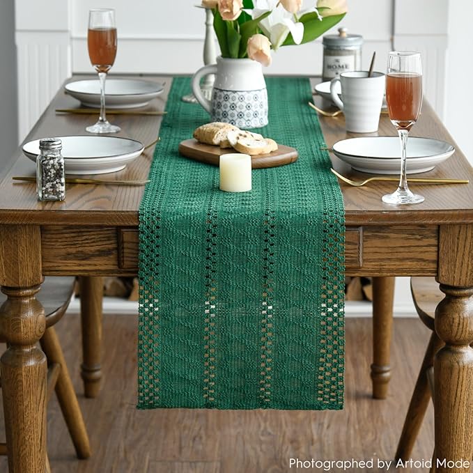 Artoid Mode Dark Green Farmhouse Woven Rustic Hollow Table Runner, Seasonal Holiday Kitchen Dining Table Decoration for Home Party Decor 12x36 Inch