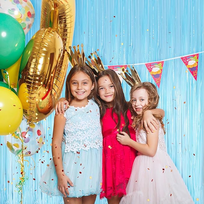 Macaron Light Blue Metallic Tinsel Foil Fringe Curtains, 2 Pack 3.3x8.3 Feet Party Streamer for Birthday Party Decorations, Halloween Decor, Foil Curtain for Bachelorette Party