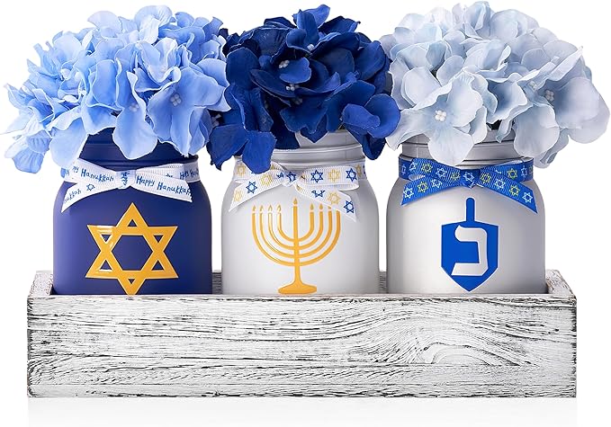 Hanukkah Decorations for Home, Chanukah Table Decor with Mason Jars, Hydrangea, Wood Tray, Hanukkah Gifts Table Centerpieces, 25 Pcs Chanukah Decorations Indoor for Living Room Bedroom