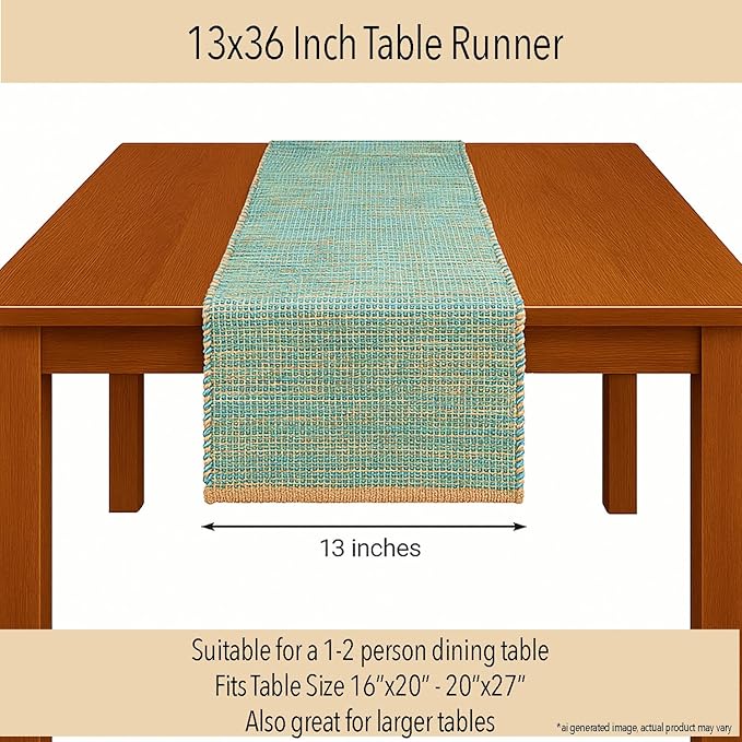 Chardin home Natural Jute Table Runner 13x36 Inch – Vintage Boho Rustic Table Decor – Handwoven Table Runner in Natural Jute and Aqua Turquoise – Farmhouse Dining or Console Table Accent