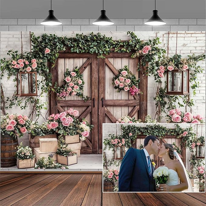 5x3ft Country Wedding Photography Backdrop Floral Rustic Roses Farmhouse Wooden Door Backdrop Pink Flower Birthday Baby Shower Wedding Bridal Party Banner Photo Booth Props Anniversary Background