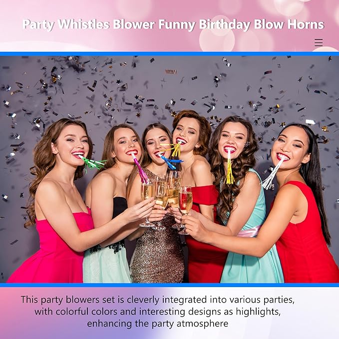 120 Pcs Glitter Bomb Noise Maker Gold Metallic Fringed Squawker Blowouts Silver Musical Blower Whistle for Birthday New Years Party Supplies Sporting Events Graduation (Multicolor Set 1)