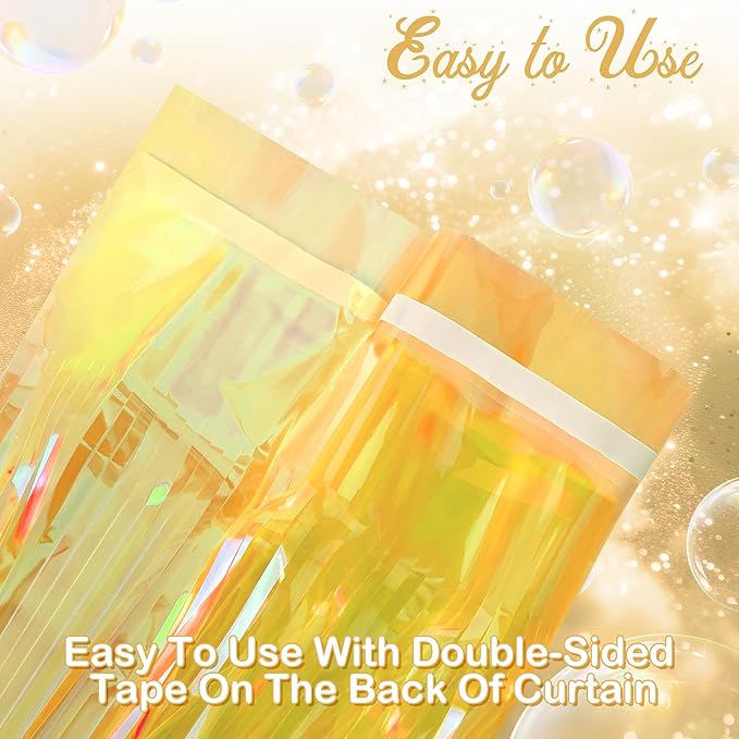 2 Pack Yellow Iridescent Streamers Backdrop, 3.3x6.6ft Foil Fringe Curtains Gold Holographic Door Tinsel Streamers for Birthday, Wedding, Holiday, Bachelorette, Theme Party Decorations