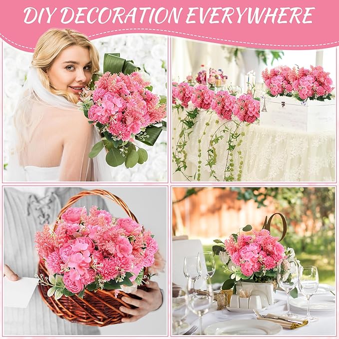 Zeyune 8 Pcs Wedding Silk Flowers Fake Silk Flowers Faux Bouquet Hydrangea Bouquets for Wedding Birthday Party Table Centerpieces Home Decoration(Rose Red,Peony)