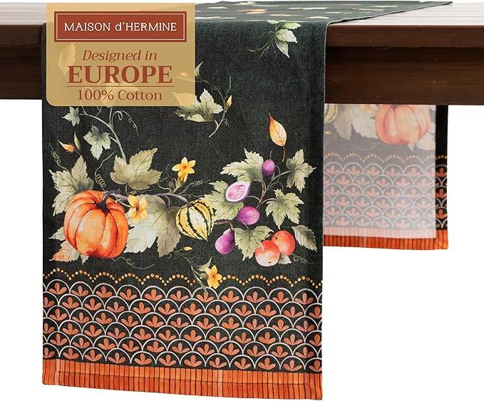 Maison d' Hermine Table runner 100% Cotton Single Layer Table Runners 72 inches long for Thanksgiving Christmas Decorations Home Kitchen Dining Party Wedding (Pumpkin Garden - Dark Green, 14.5" x 72")
