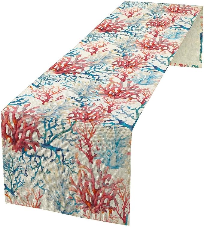 Blue Beach Table Runner, Tropical Ocean Coast Table Runner, Seashell Seasonal Nautical Restaurant Coffee Table Decorations for Home Holiday Party Indoor Outdoor 13x108 Inch