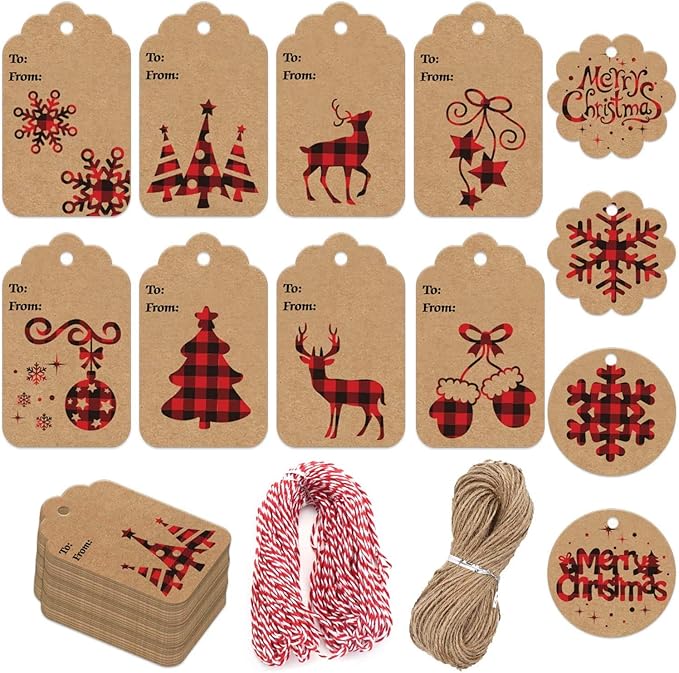 LOKIPA 120 Pieces Christmas Kraft Paper Gift Tags Hang Labels with Red and Black Plaid Snowflake Christmas Tree Elk Patterns and 230 Feet Twine Rope for Christmas