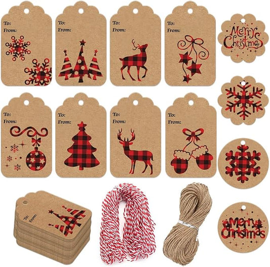 LOKIPA 120 Pieces Christmas Kraft Paper Gift Tags Hang Labels with Red and Black Plaid Snowflake Christmas Tree Elk Patterns and 230 Feet Twine Rope for Christmas