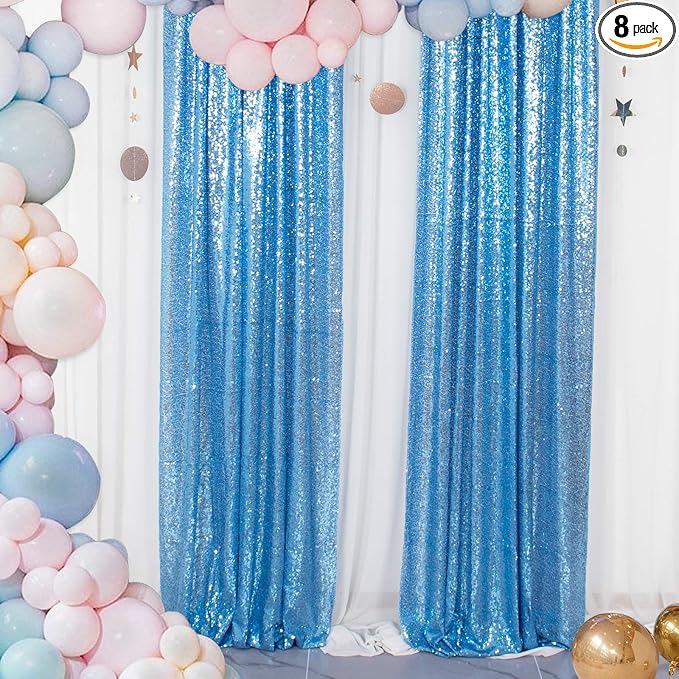 ShinyBeauty Baby Blue Backdrop Curtains 2FTx8FT 8 Pieces Sequin Photo Backdrops Baby Shower Backgrounds Light Blue Shimmer Curtain Panels for Parties,Birthday,Wedding Photobooth Decor
