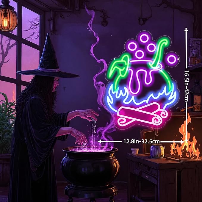 "Witch Brew" Cauldron Neon Sign - Spooky LED Cauldron Wall Art, Spooky Halloween, Witch's Brew Led Sign, Witch Pot Neon Light for Halloween Led Sign Halloween Decorations Party Decor Home Bar