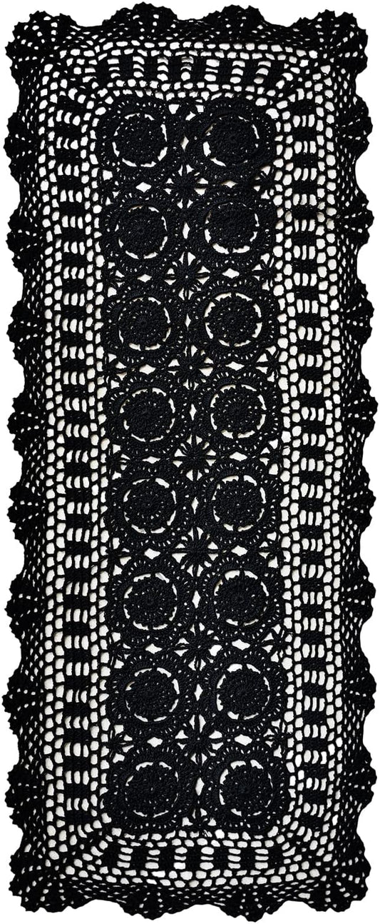 Phantomon Lace Table Runner Rectangular Table Cover Cloth Handmade Crochet Floral Placemats 100% Cotton (Floral Black, 15x39Inch)