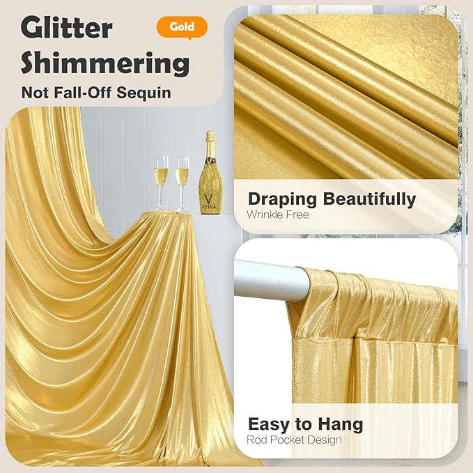20x10 Gold Sequin Backdrop Curtain with Lights-Wrinkle Free Thick Glitter Backdrop Drapes for Wedding Parties Events Halloween Decor-4 Panels 5×10ft Shimmer Photo Booth Background for Photography