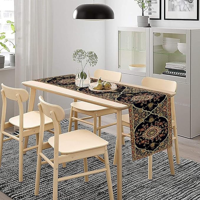 Vintage Boho Floral Table Runner, Rustic Country Farmhouse Black Bohemia Flower Pattern for Home Kitchen Table Decor Dining Cafe Room Wedding Party Decor 13x72in