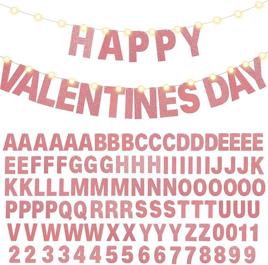 TaoBary 112 Pcs DIY Letter Kit Glitter Customizable Banner Letters Include 107 Letters and Numbers 3 Rope and 2 Needles for Birthday Halloween Christmas Wedding Valentine Party Decor(Rose Gold)