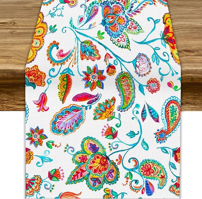 Paisley Table Runner, Watercolor Floral Oriental Indian Traditional Tulips Leaves Bohemian Paisley Print Table Runner for Kitchen Dining Tables Party Decor, 13x60inch