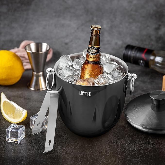 3L Ice Buckets for Parties and Cocktail Bar with Stainless Steel Lid,Tongs & Strainer(Black) Double-Wall Insulated Metal Ice Bucket Keep Ice Frozen Longer for Outdoor Champagne Ice Container Bin