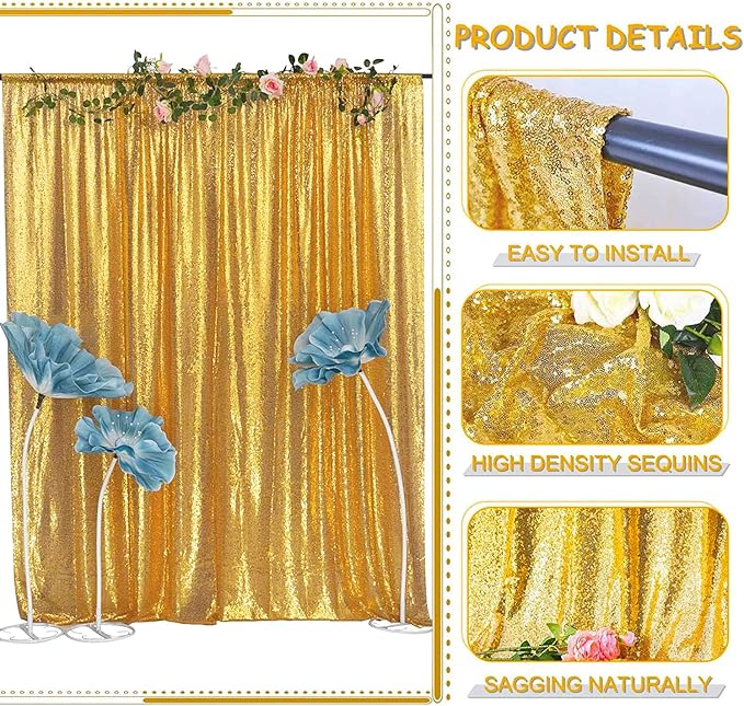 Gold Sequin Backdrop Curtains Glitter Drapes 2FTx8FT 4 Panels for Wedding Birthday Party Decorations Bridal Baby Shower Party Supplies Sparkly Photography Background