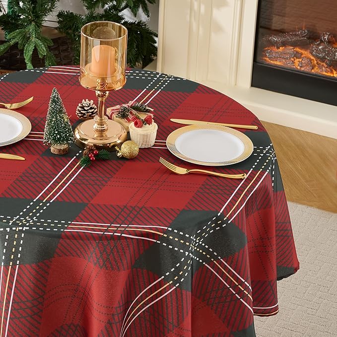 Christmas Tablecloth Round 60 Inch Waterproof, Machine Washable Checkered Polyester Table Cover for Xmas Party, Winter Holiday Home Decoration in Festive Checkered Green 1pack