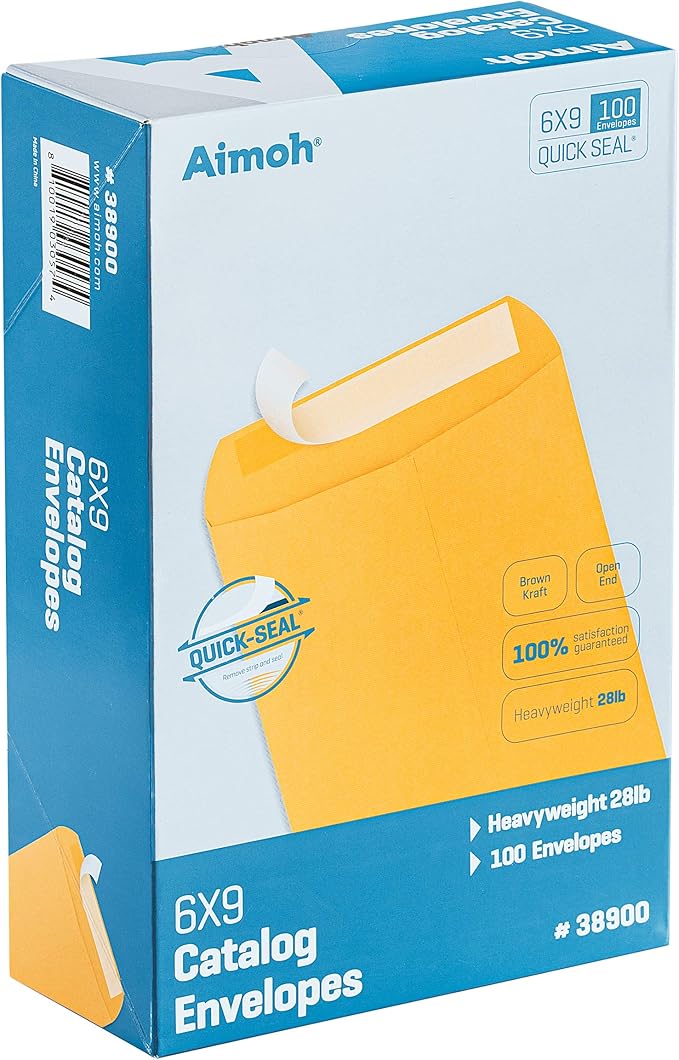 Aimoh 100 6 x 9 Self-Seal Brown Kraft Catalog Envelopes - 28lb, 100 Count, Ultra Strong Quick-Seal, 6x9 inch (38900)