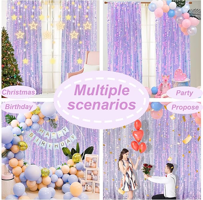 9X9FT Sequin Backdrop Curtains,2 Panels Shimmer Sequin Fabric Photography,Glitter Photo Booth Backdrops Drapes for Christmas Mermaid Party Birthday Cake Table Background Decor-Mermaid Purple
