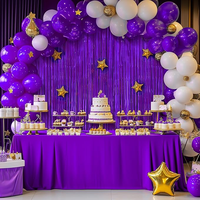 2 Pack Metallic Purple Fringe Backdrop, 3.2x8.2ft Shining Foil Tinsel Curtains, Birthday Party Decorations Door Streamers for Halloween, Christmas, Wedding, Graduation, Holiday, Theme Events