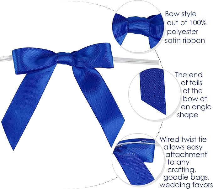 AIMUDI Royal Blue Bows 2.5" Satin Bows for Gift Wrapping Tiwst Tie Bows for Treat Bags Candy Cake Pop Baskets Invitations Wedding Baby Shower Independence Day Decorations - 50 Counts
