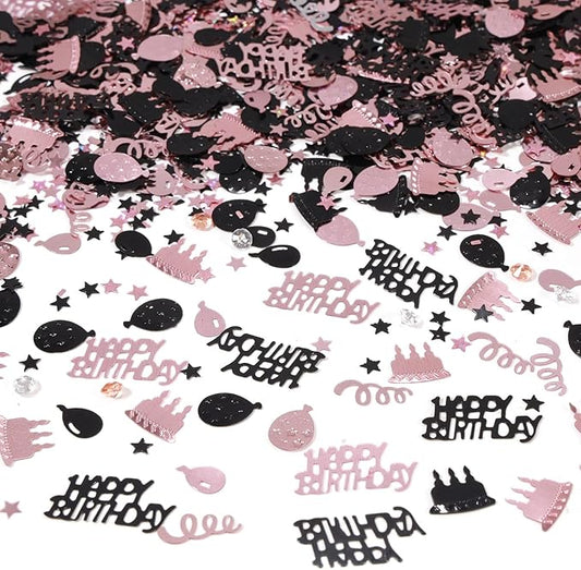 Rose Gold and Black Happy Birthday Confetti, 3000 Pcs Birthday Cake Table Metallic Foil Confetti Party Table Decor for Party, Baby Shower, DIY Arts and Crafting