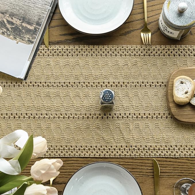 Artoid Mode Burlap Brown Farmhouse Woven Rustic Hollow Table Runner, Seasonal Holiday Hollow Kitchen Dining Table Decoration for Home Party Decor 12x72 Inch