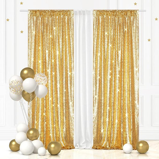 Eternal Beauty Gold Sequin Backdrop Curtains, Shimmer Back Drop 2Panels-2FTx8FT for Christmas, Party, Birthday, Photography, Wedding, Baby Shower Event Decoration