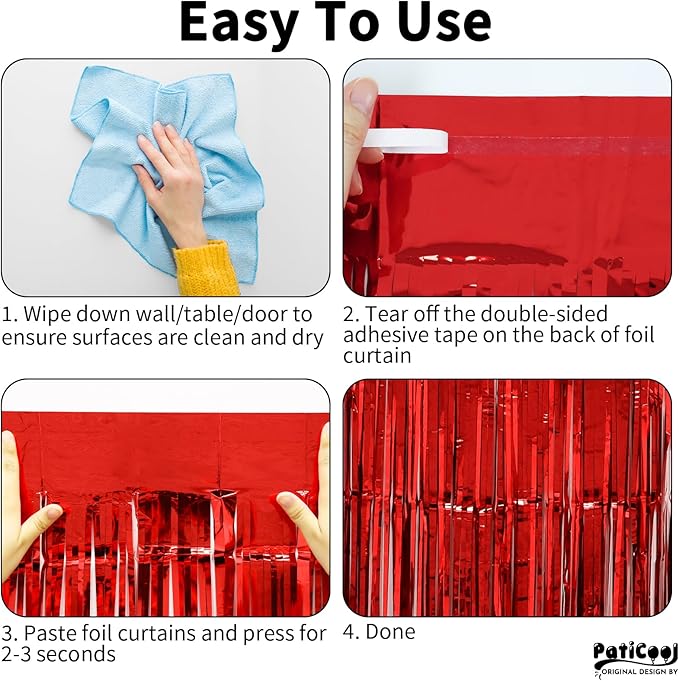 Christmas Decorations Red Streamers - Thicken 4 Pack 3.2 x 8.2 FT - Red Tinsel Foil Fringe Curtains Party Backdrop for Birthday, Casino, Carnival, Cherry, Hollywood Red Carpet Party Decorations