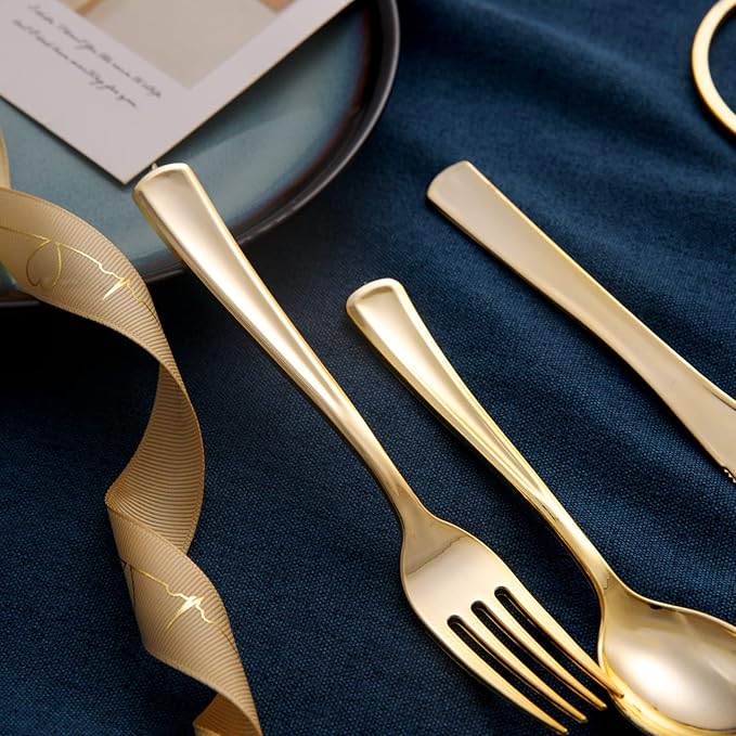 bUCLA 600 Pieces Gold Plastic Silverware - Disposable Gold Utensils - Heavyweight Plastic Cutlery set- 200 Forks, 200 Spoons, 200 Knives for Party & Thanksgiving