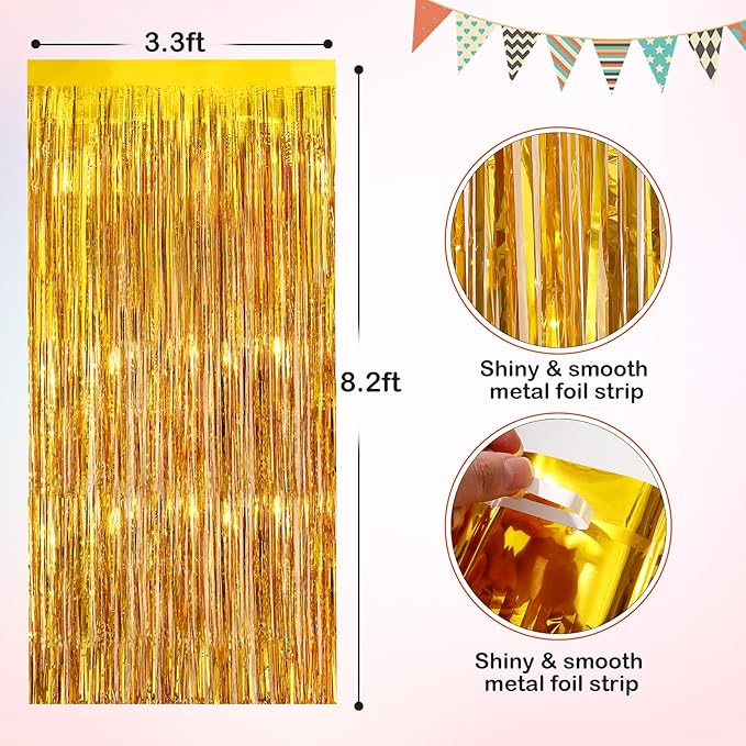 Gold Metallic Tinsel Foil Fringe Curtains, 4 Pack 3.3x8.3 Feet Party Streamer Curtains for Birthday Party Decorations, Halloween Decor, Foil Curtain Backdrop for Bachelorette Party