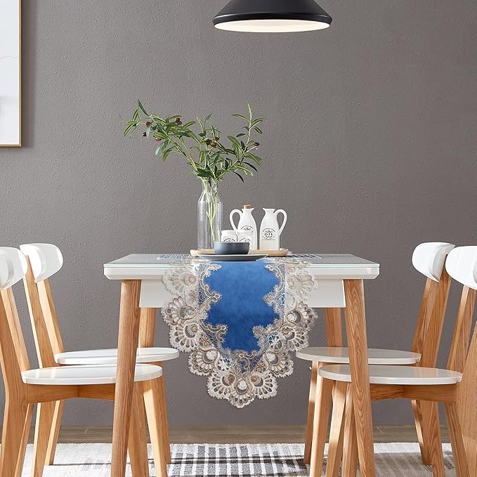 Vintage Lace Dining Table Runner, 72 Inches Macrame Coffee Table Runners for Kitchen Home Christmas Party Decorations (16x72 inch,Blue)