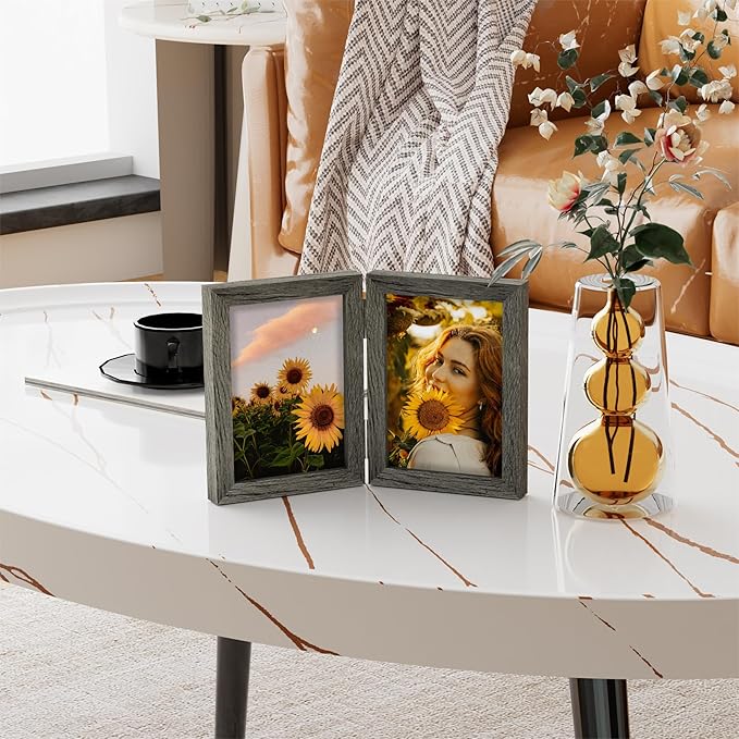decorUhome Double 5x7 Picture Frame Vertical, Engineered Wood Bifold Photo Frame with Plexiglass for Tabletop Display, 5x7, Grey