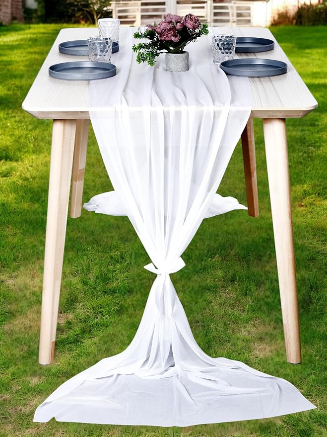 MDS 20 Pack 10ft Chiffon Table Runner 29 x 120 Inches Sheer Wedding Runner Romantic Rustic Table Runner for Wedding Decorations, Birthday Parties, Bridal Shower Party Arch Decor - White