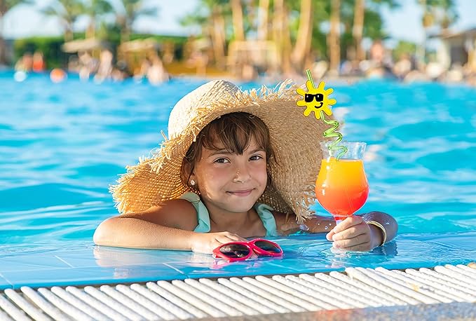 24 Pieces Beach Theme Reusable Shape Straws, Drink Straws Beach Ball Pool Summer Birthday Party Favor Decorations with 2 Cleaning Brushes 8 Color Straws