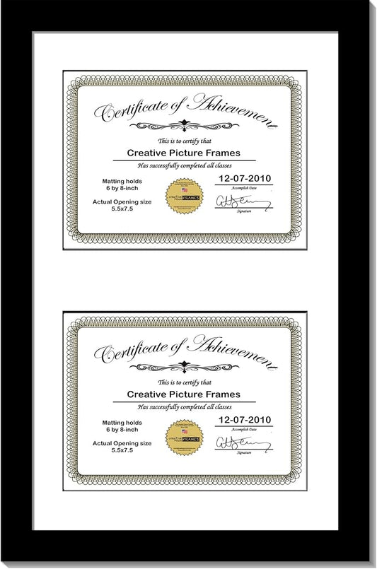 Creative Picture Frames 10X16Bk-W Black Vertical Double Diploma Frame With 2 Opening White Matting | Holds 2-6X8-Inch Documents With Installed Wall Hanger