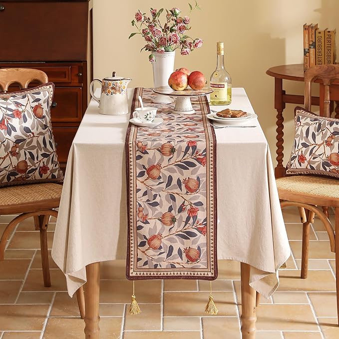patdrea Designer Vintage SaddleBrown Linen Table Runner 102 Inch Long, Pomegranates Pattern Table Mat, Decoration for Kitchen Dining Table Coffee Table Shelf Cabinet Banquet Christmas ,12"*102"