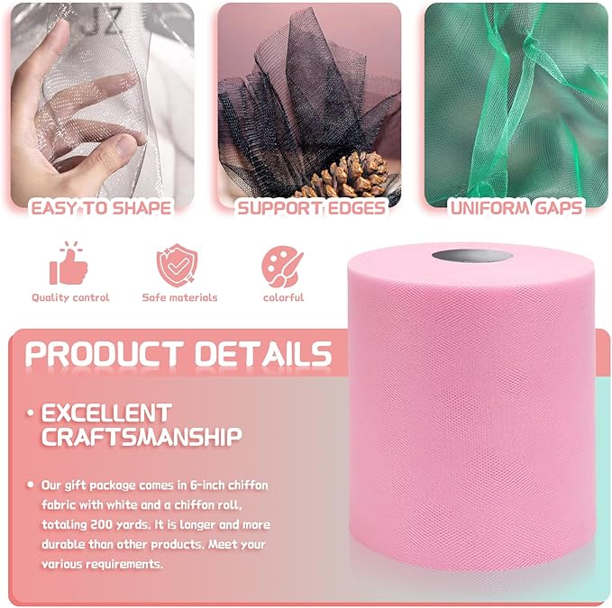 6" x 200 Yards Light Pink Tulle Fabric Rolls, Pink Spool Tulle Ribbon for DIY Tutu Skirt Wedding Decoration Baby Shower Birthday Party Backdrop Gift Wrapping Bow Craft Supplies